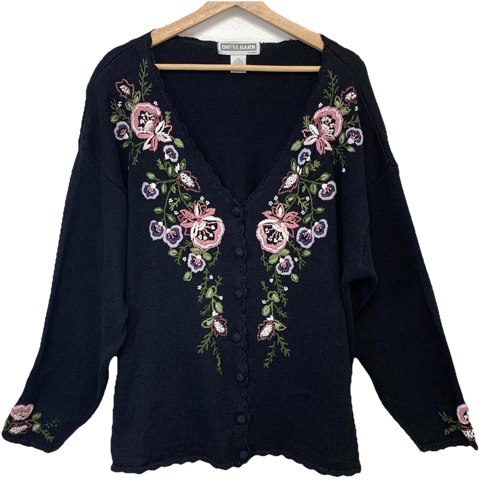 Dress Barn Vintage Black Embroidered Floral Cardigan Cotton Rami SZ  3X Cottage